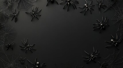 Black halloween spiders and webs on dark background