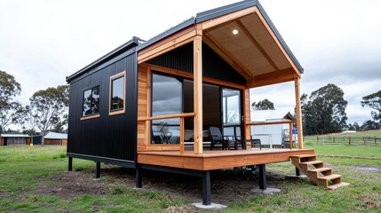 Fototapeta premium Modern Black & Wood Tiny House Cabin Exterior