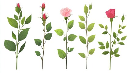 Fototapeta premium Various Stages of Rose Growth with Leaves Displayed
