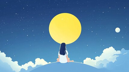 Girl Sitting on Crescent Moon in Night Sky Flat Design Illustration