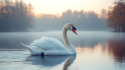 Fototapeta premium Majestic Swan On Misty Morning Lake