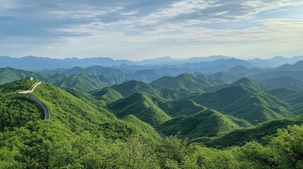 Fototapeta premium Majestic Great Wall winding through lush green mountains under a cloudy sky.