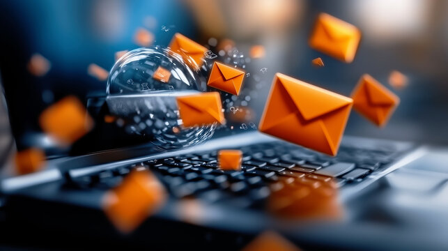 Futuristic digital communication with lots of floating emails over a laptop keyboard, spamming