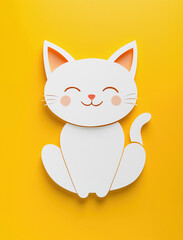 Fototapeta premium White cat on yellow background paper cut design, minimalist animal-themed design, pet illustration