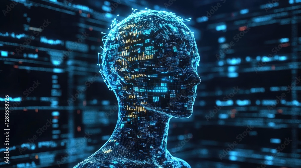Poster digital concept of artificial intelligence-driven market analysis with data scanning and real-time u
