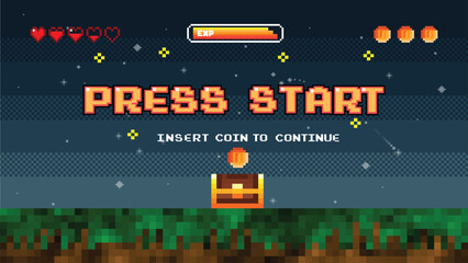 Press start.Pixel game win screen nighttime. Retro 8 bit video game interface with You Win text.winner pixel game background. video game level up background.pixel art illustration  © Maderla