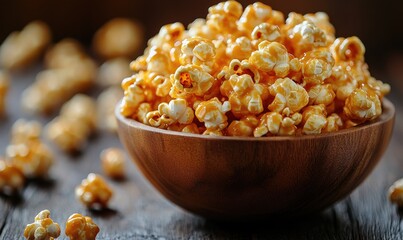 Caramel popcorn bowl, wooden table, movie snack