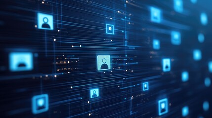 Fototapeta premium Digital hiring process with floating resumes, user icons, and checkmarks highlighting selected candidates, futuristic recruitment theme, no people