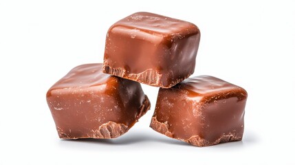 An artistic presentation of three exquisite chocolate pieces elegantly set on a clean white background for gourmet aesthetics