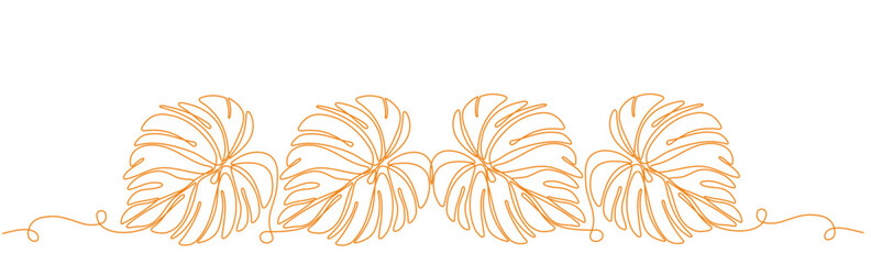 One line drawing of four vector monstera leaves. Modern single line art © Ari