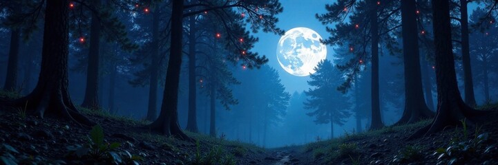 Naklejka premium Forest moonlit scene with glowing trees , enchantment, natural, forest