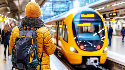 Traveler in warm clothing waiting for modern yellow train at busy indoor station