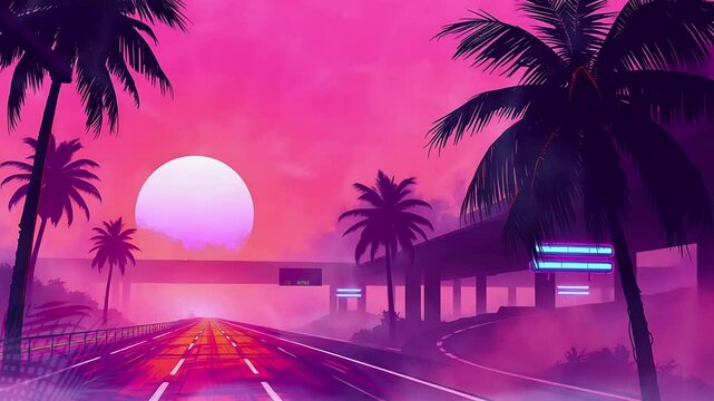 Neon Highway at Sunset with Palm Trees. Perfect for synthwave, vaporwave, and chill music. Seamless looping time lapse animation video background, lo-fi art.
