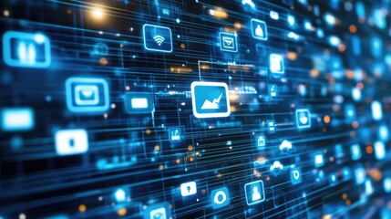 Obraz premium Digital transformation concept with CRM automation icons and cloud-based services in a blue tech background, no people