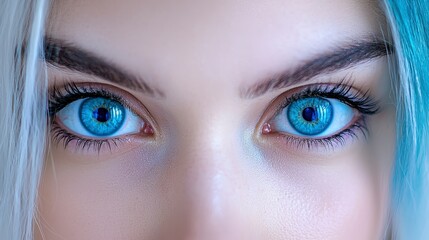 Fototapeta premium Captivating portrait of a woman with striking blue hair and mesmerizing blue eyes emphasizing unconventional beauty