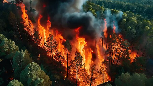 Aerial View of Massive Wildfire Spreading Through Dense Forest with Bright Flames, Thick Smoke, and Greenery Burning

