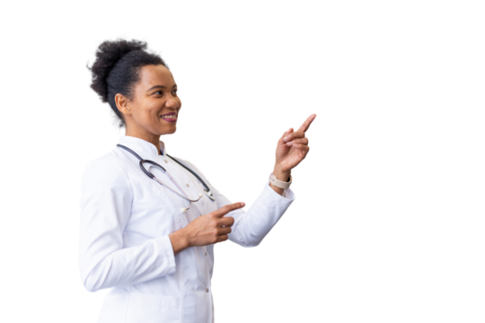 Compassionate African American doctor guiding attention with a pointing gesture - Powered by Adobe