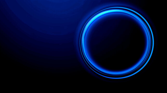A Blue glowing circle on a black background, with a Blue neon line ring and a light effect around the edge. Glowing abstract lines in the shape of an oval frame for graphic design and logo creation