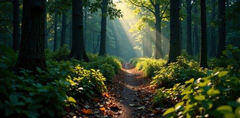 Obraz premium Forest trail footprints disappearing in trees, trail, forest, footprints