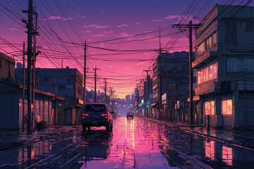 Obraz premium Quiet anime city street, sunset sky fading pink to purple, wet asphalt mirrors neon lights, overhead electric wires