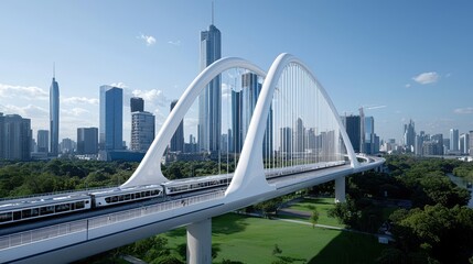 Fototapeta premium Modern City Bridge with Train & Skyscrapers