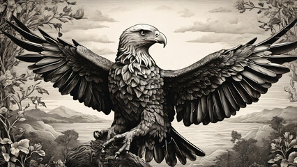 Fototapeta premium The eagle sketch engraving generative ai raster illustration. Scratch board imitation. Black and white image.