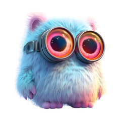 Fluffy 3D Cartoon Character with Glowing Binoculars Isolated on Transparent Background