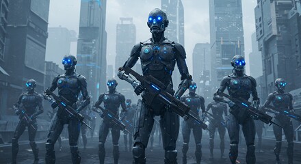 Fototapeta premium Futuristic Robot Army Patrol in Cyberpunk Cityscape with Advanced Weaponry