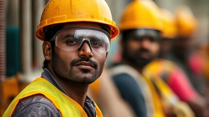 A focused construction worker in safety gear, including a hard hat and goggles, stands out amid a group of fellow laborers.