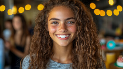 Fototapeta premium Young Woman Portrait with Freckles and Curly Hair: A Study in Joy and Natural Beauty