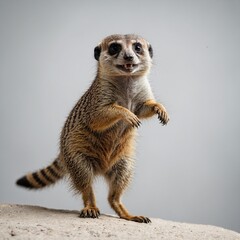 Fototapeta premium A meerkat balancing on one foot, looking playful, on a white background.
