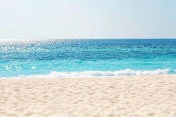 Fototapeta premium Panorama of a beautiful white sand beach and turquoise water in Maldives. Holiday summer beach background.. Wave of the sea on the sand beach.