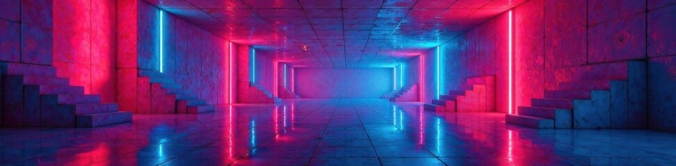 Fragmented rooms with fractured shapes and neon lights, distorted space, fragmented walls, shattered glass