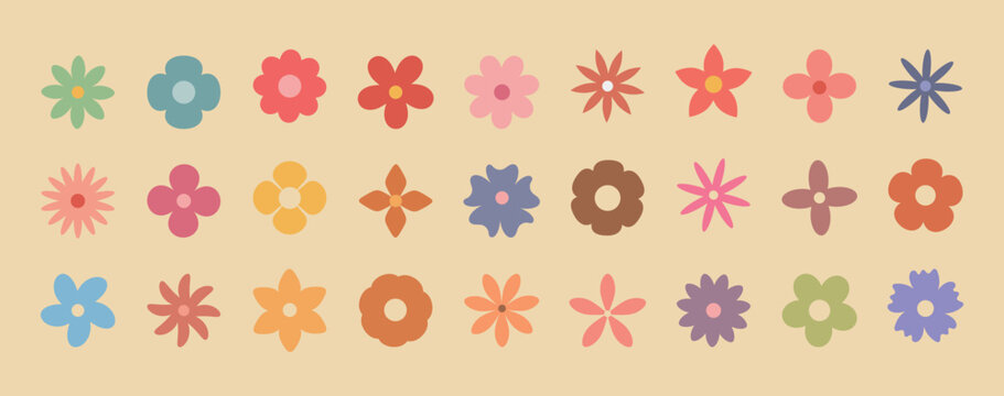 Groovy simple flowers set. A stylish collection of minimalist floral vector illustrations in soft pastel tones.  Ideal for creating seamless patterns, invitations, or social media graphics
