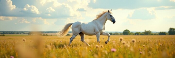 Obraz premium Free running white unicorn stallion in open fields , wildlife, wild, nature