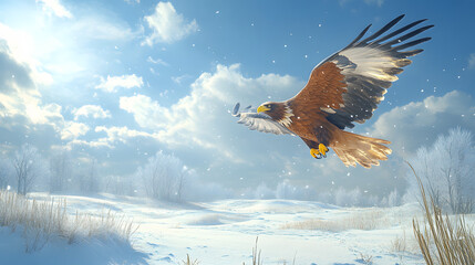 A stunning golden eagle spreads its wings as it soars over a pristine snowy field under a bright blue sky