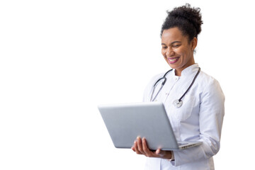 Determined African American doctor reviewing prescriptions on a laptop