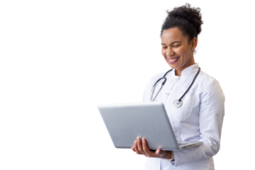 Determined African American doctor reviewing prescriptions on a laptop