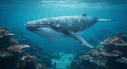 Fototapeta premium Humpback Whale Swimming Underwater Among Coral Reefs with Sun Rays