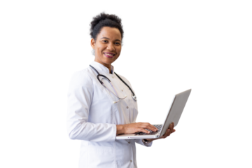 Efficient African American physician handling medical tasks with a laptop in hand