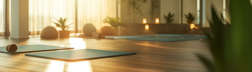 A yoga session in a tranquil studio with soft lighting