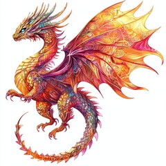 Spectacular Dragon in Flight: A majestic dragon soars through the air, its intricate scales shimmering with a radiant spectrum of colors, showcasing fantasy.