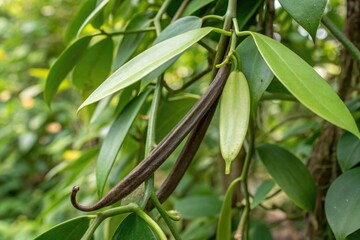 Fototapeta premium Close-up of vanilla beans nestled among lush green leaves, showcasing the beauty of nature's bounty.