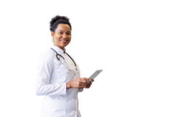 Professional African American doctor analyzing patient data on a tablet