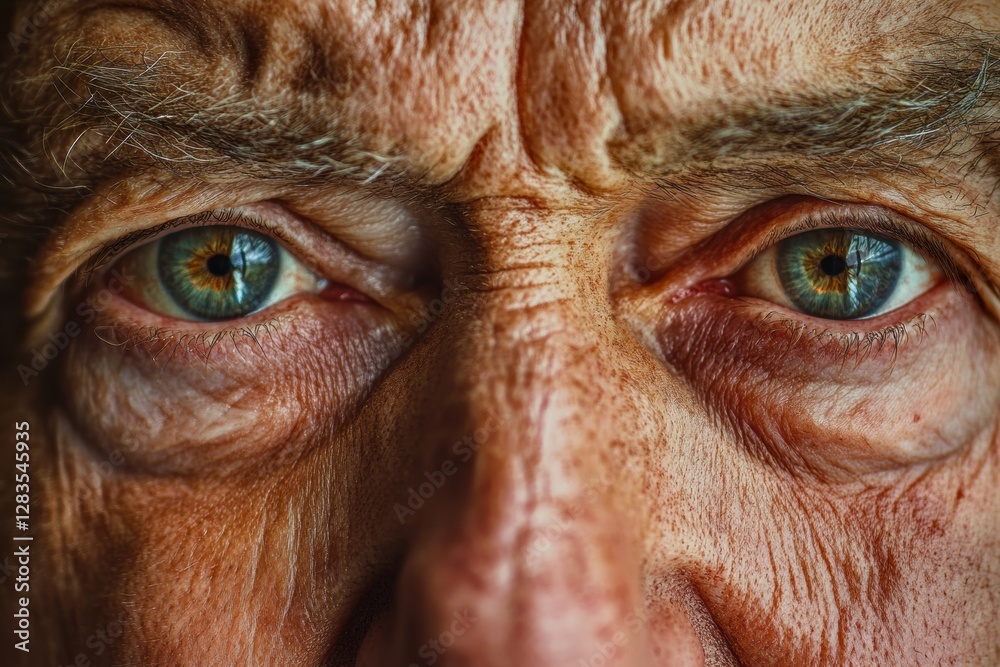 Poster Transformation in time showing aged face with wrinkles alongside youthful skin reflection for age reversal concept. Generative AI