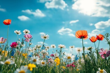 Naklejka premium Poppy flower field under a clear blue sky