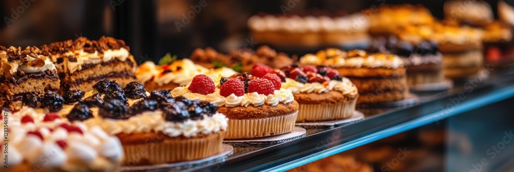 Aufkleber assorted cakes displayed in a bakery showcasing rich textures and vibrant colors at a local pastry s