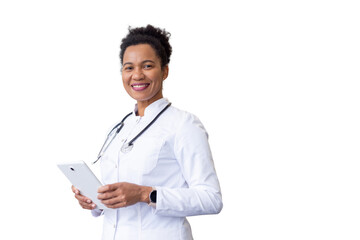 Experienced African American doctor entering data on a touchscreen tablet