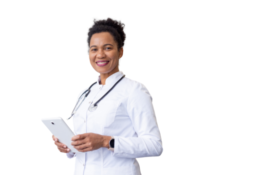 Experienced African American doctor entering data on a touchscreen tablet