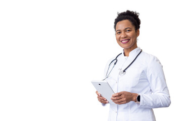 Knowledgeable African American healthcare provider managing hospital tasks on a tablet